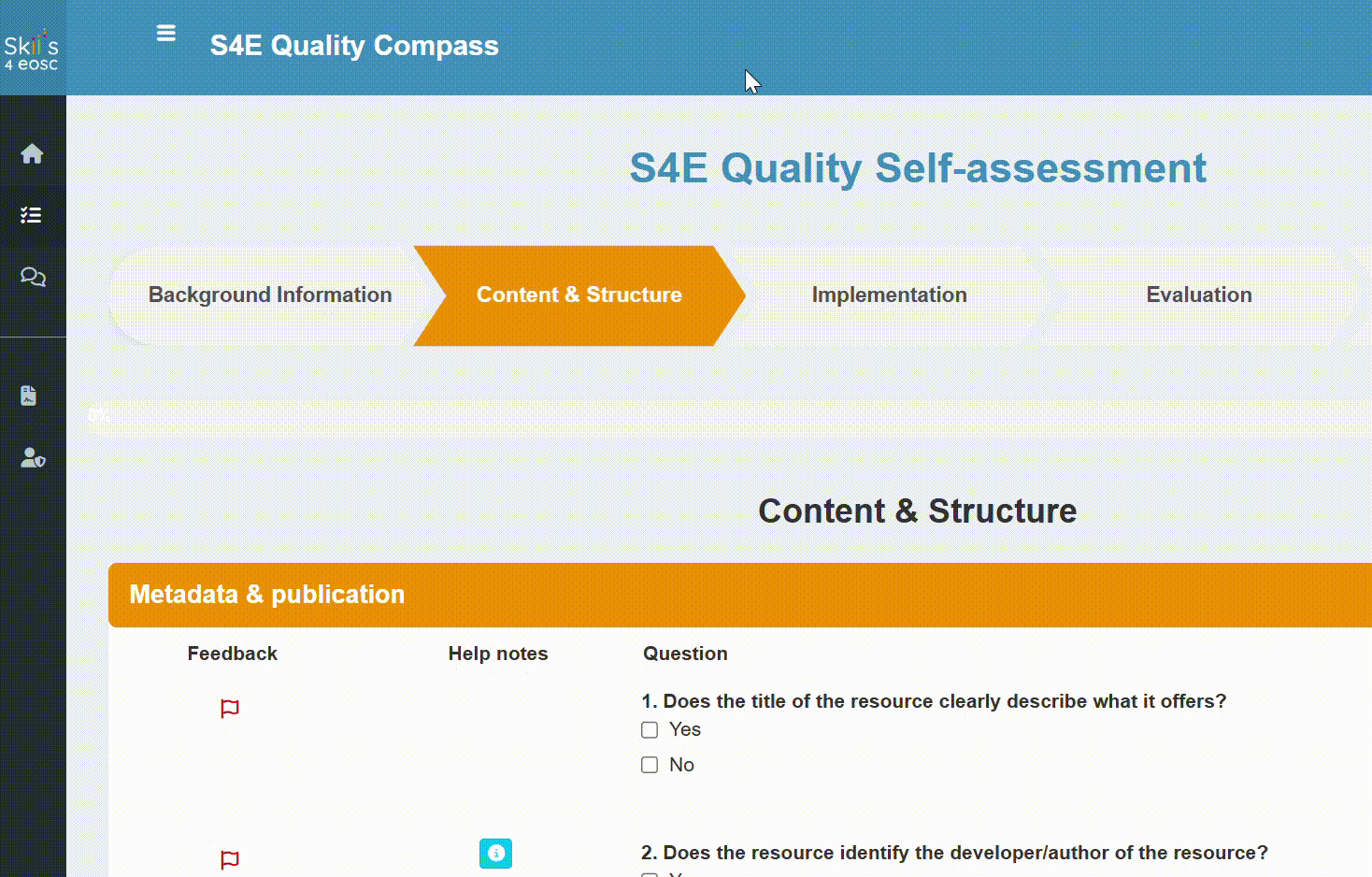 Animated preview of the S4E Quality Self‑assessment flow